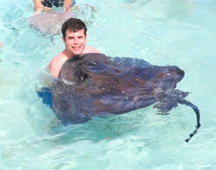 A young man interacting with a stingray in Grand Turk