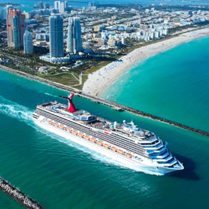 An aerial shot of the Dinogo Glory setting sail from Miami.