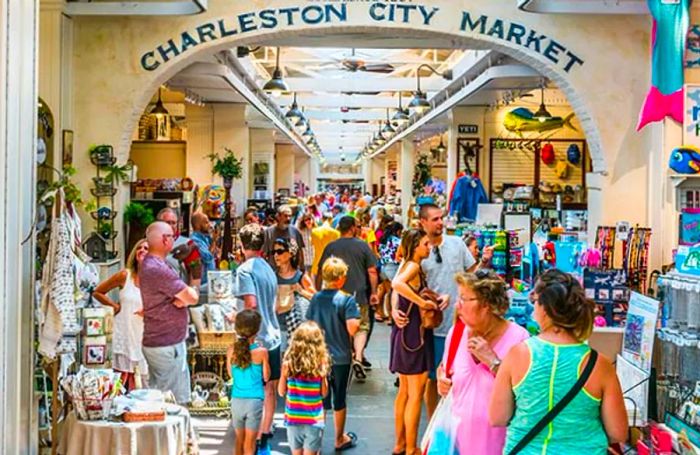 Shoppers exploring the historic Charleston City Market