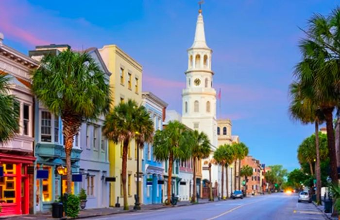 A vibrant street lined with colorful buildings in Charleston, South Carolina