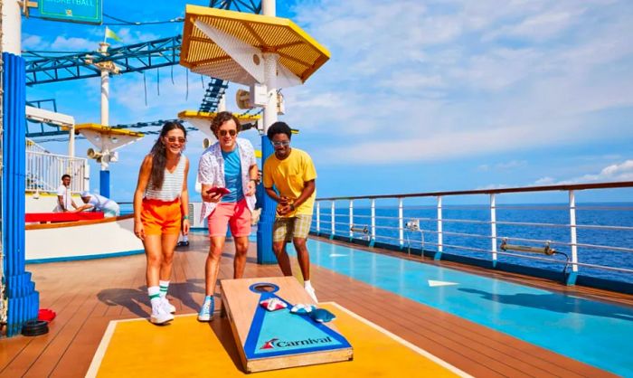 Group of friends enjoying cornhole