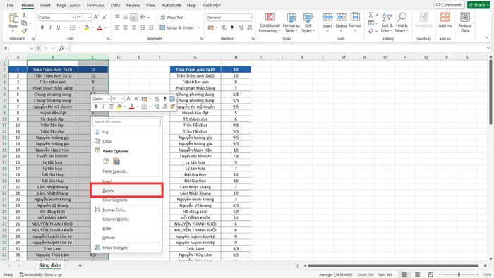 di chuyển cột trong Excel