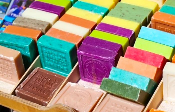 a selection of Marseille soaps showcased at a local market