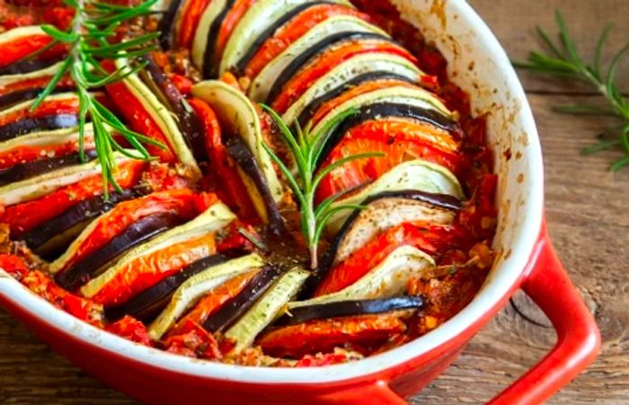 a close-up view of ratatouille, a classic French dish