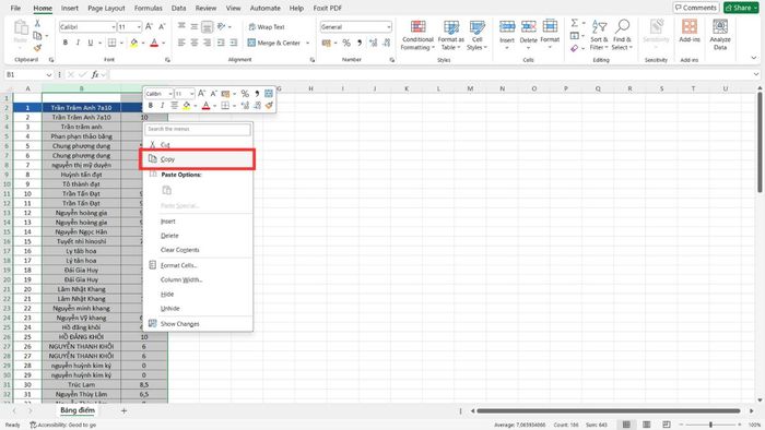 di chuyển một cột trong Excel