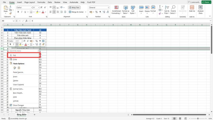 cách di chuyển hàng trong Excel