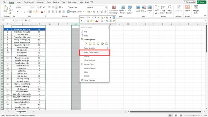 phương pháp di chuyển cột trong Excel