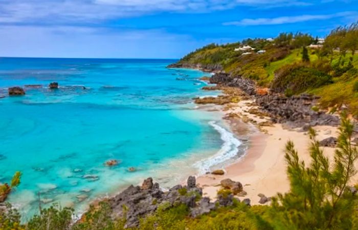 An aerial perspective of Church Bay Beach in Bermuda.