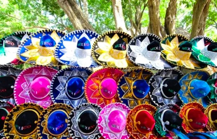 Rows of colorful Mexican sombreros on display