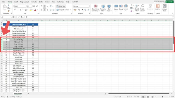 di chuyển hàng trong excel