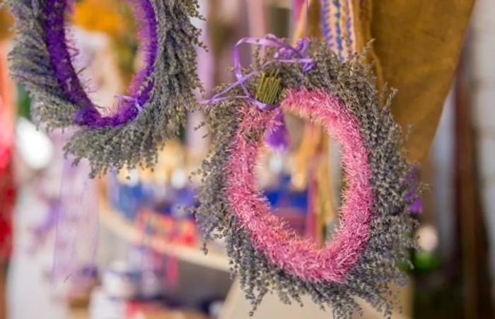 lavender wreaths displayed at a market in Montenegro