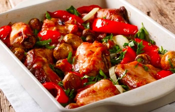 rabbit stew enriched with peppers and vegetables