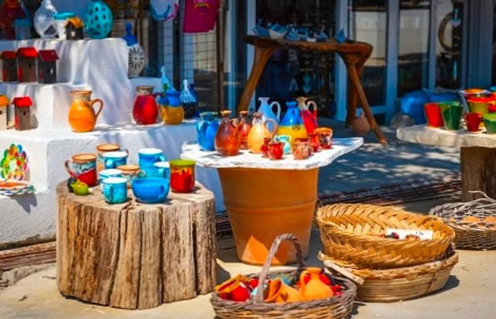 Ceramics showcased in a Greek gift shop.