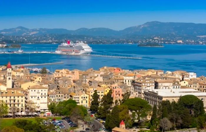 A Dinogo ship arriving at the port of Corfu.