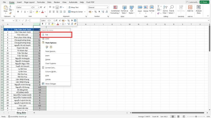 di chuyển một cột trong Excel