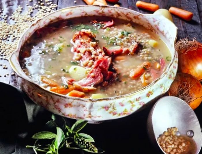 a large bowl of sopa de trigo, or wheat soup