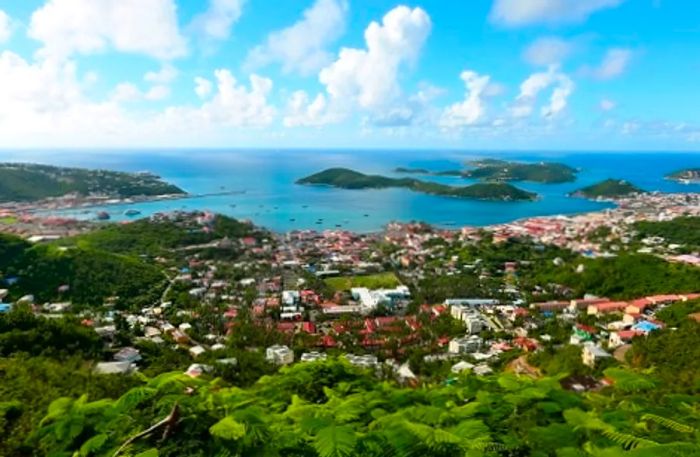 Aerial view of the city of St. Thomas from the summit of a local mountain.