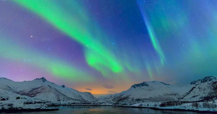 Northern lights dancing in the night sky with snow-capped mountains in the background.