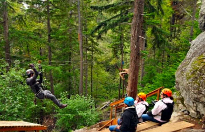 a man zip lining between trees in Klondike Zipline Adventure Park while friends look on