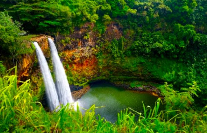 aerial view of Wailua Falls in Kauai, Hawaii