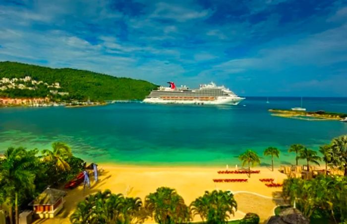 ocho rios bay beach with a Dinogo ship in the background