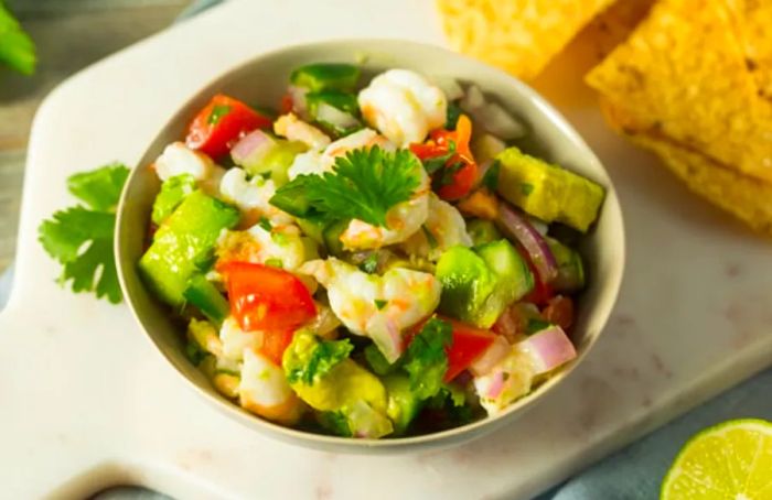 Shrimp ceviche served with chips from Belize.