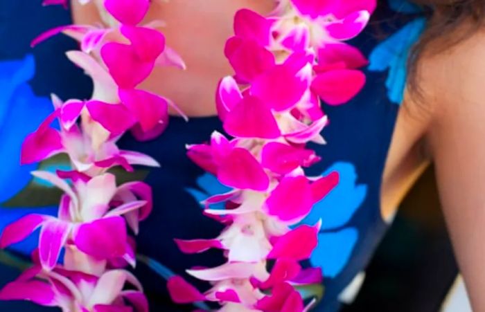 A woman adorned with a lei necklace made of pink flowers, wearing a dark blue shirt