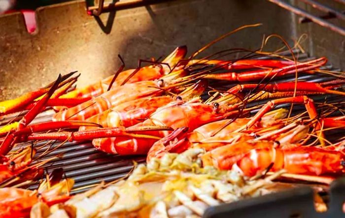 several fresh lobsters grilling in St. Lucia