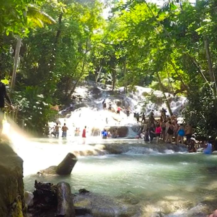 large group interlocks hands as they ascend Dunn’s River Falls