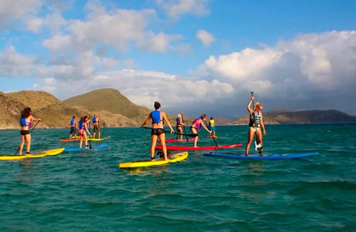 individuals paddle boarding along the scenic coastline of St. Kitts