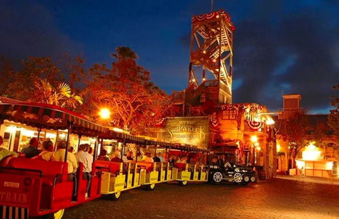 the hop-on, hop-off train halts in front of Key West's shipwreck museum