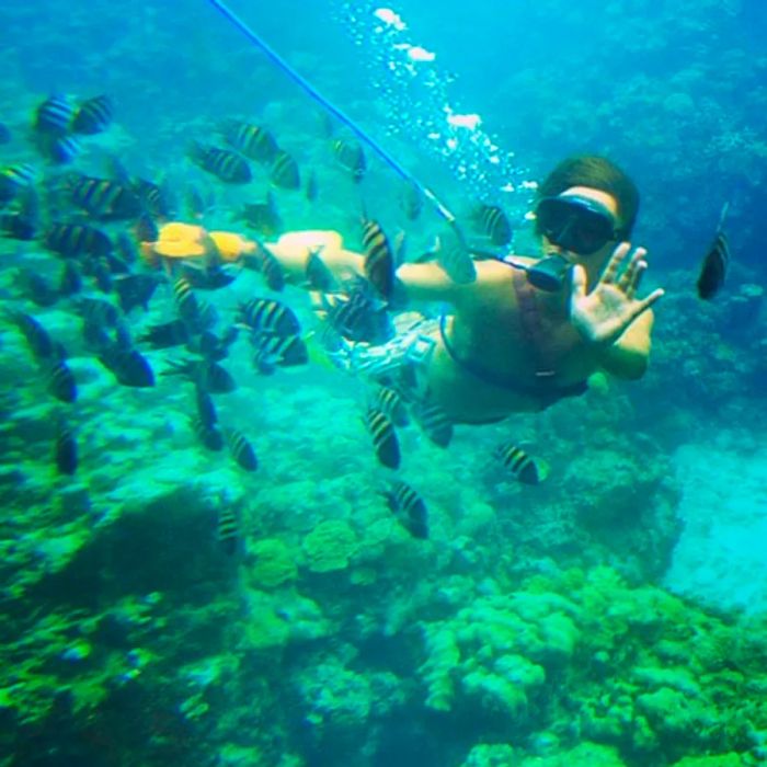 a man waving while snuba diving among fish and coral in St. Kitts