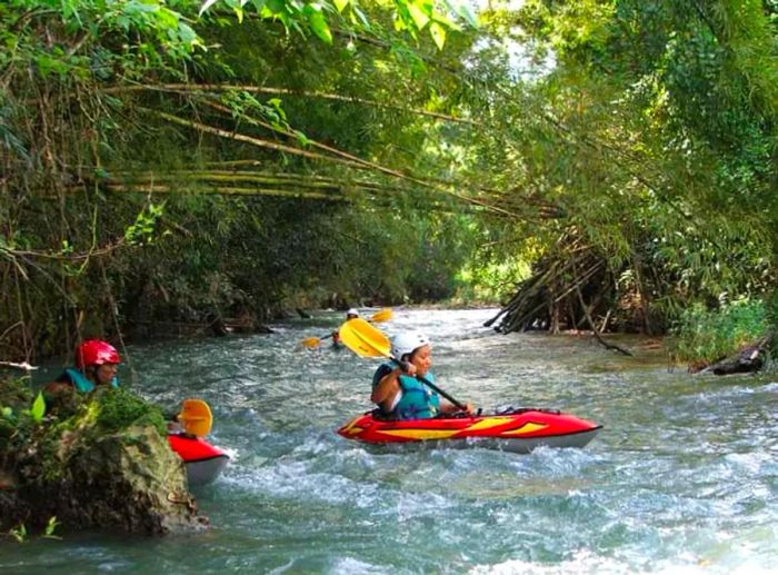 Small group kayaking through the Great River in the secluded Chukka jungle