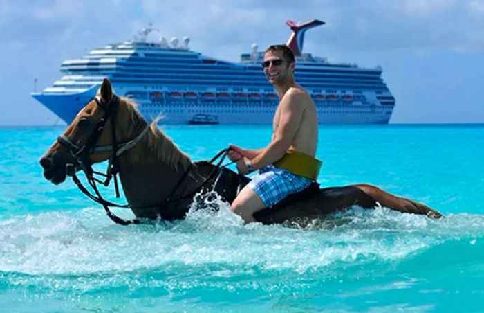 a man horseback riding along the shore with the Dinogo cruise ship in the background