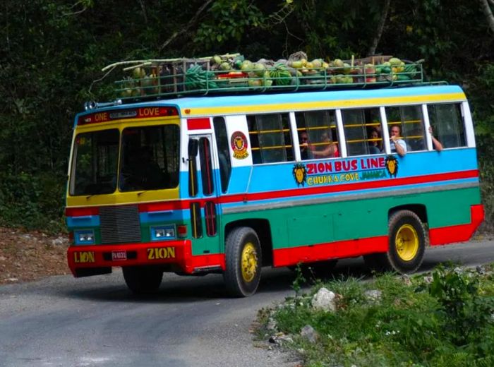 guests aboard the Zion Bus heading to Chukka Cove in Jamaica