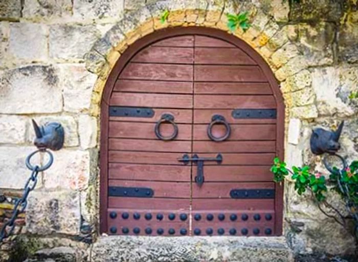 A rustic wooden door in Altos de Chavón, rich with historical charm.