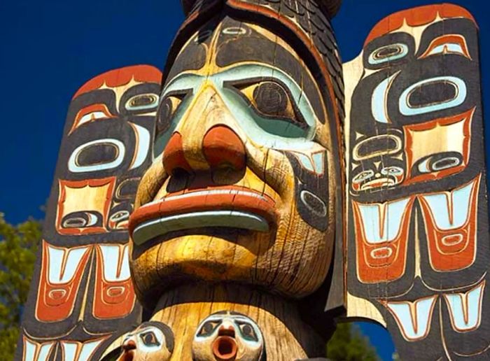 Close-up view of a totem pole in Alaska