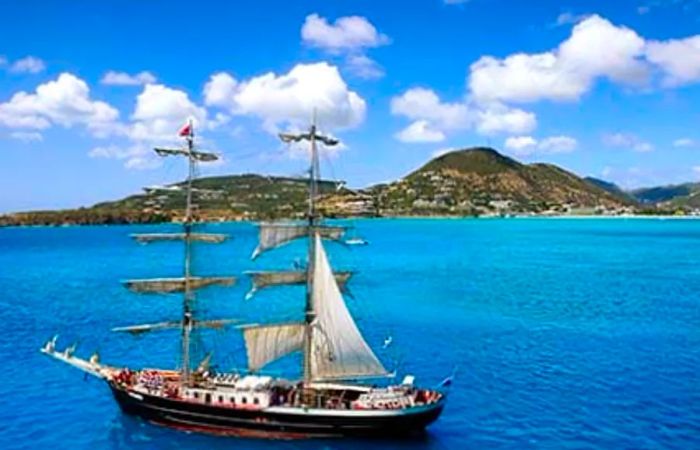 A pirate ship sailing in the waters near St. Maarten