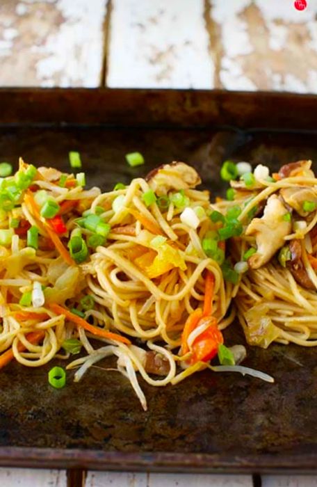 A plate featuring three servings of noodles