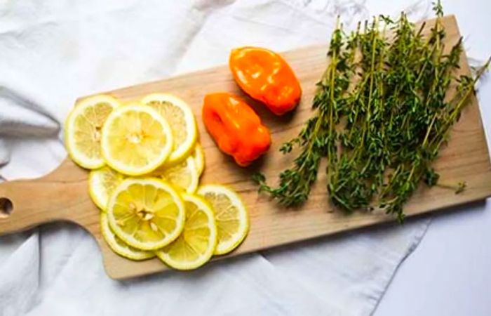 Ingredients arranged on a wooden cutting board