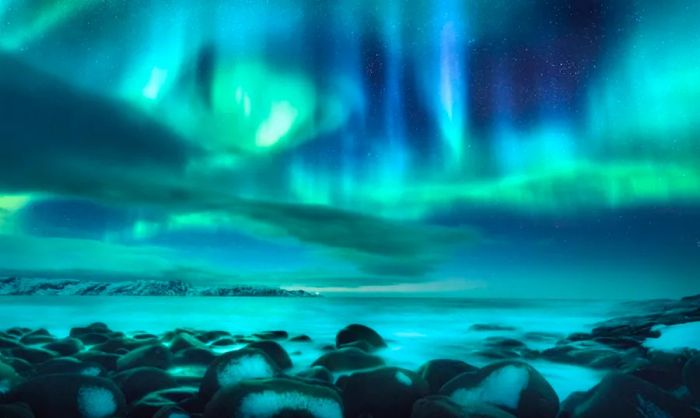 A stunning, wintery landscape showcasing the northern lights illuminating the ocean.