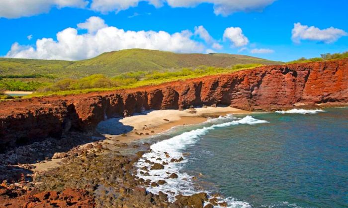 The iconic red lava rock cliffs of Lanai Island, Hawaii.