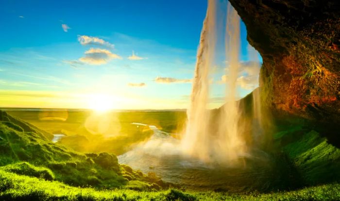 The stunning Seljalandfoss waterfall in Iceland during the summer.