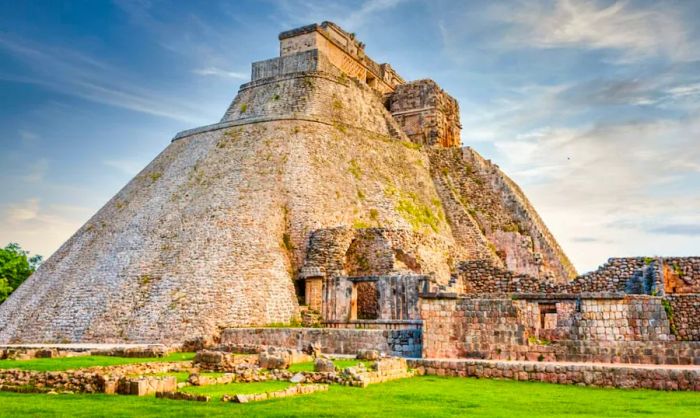 The Pyramid of the Magician, a prominent pyramid structure within the Mayan archaeological site of Uxmal.