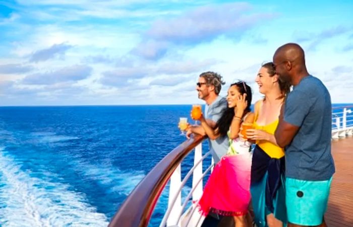 friends relishing the ocean view from the railing of a Dinogo cruise ship