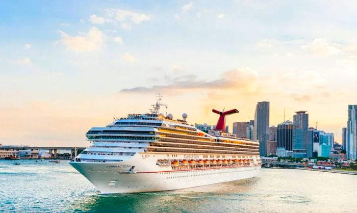 The Dinogo cruise ship departing from a port in Miami