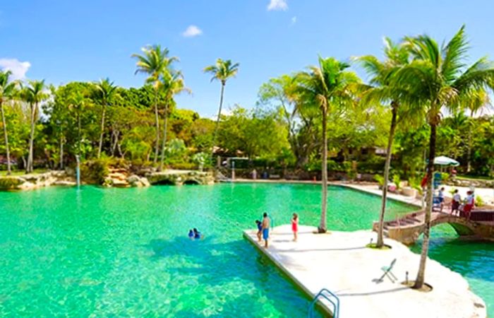 individuals enjoying a swim in the Venetian Pool in Coral Gables