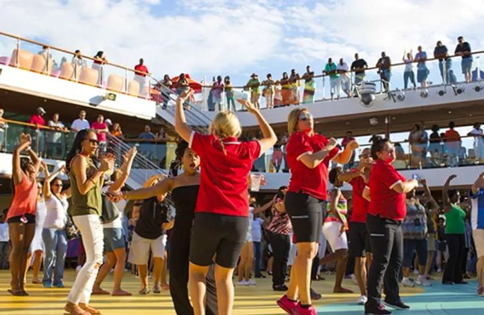 crew and guests enjoying the Sailaway Party dance