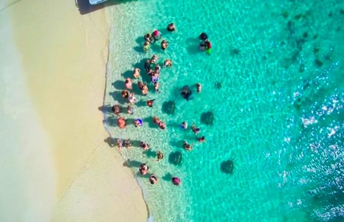 aerial view of a group of people enjoying themselves at the Reef and Rays Beach