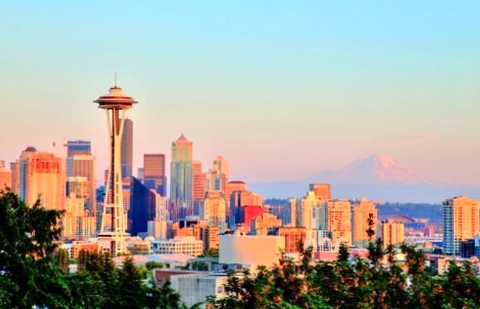 drone shot of downtown Seattle at sunset